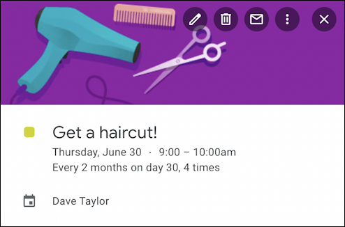 google calendar recurring event - haircut event summary with graphic