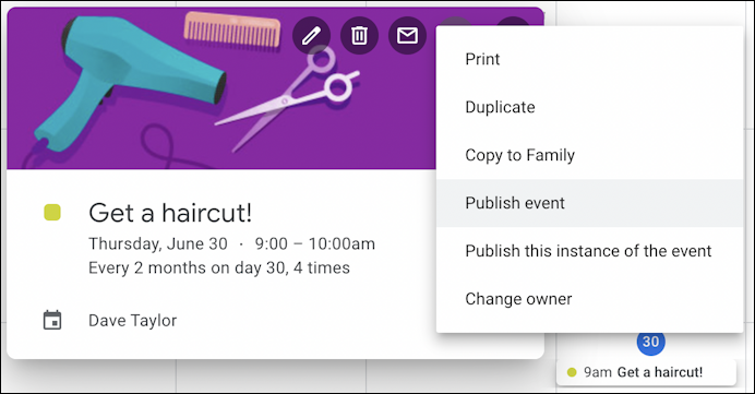 google calendar recurring event - haircut event advanced settings menu