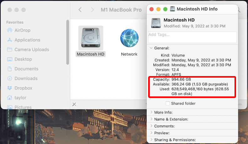 macos 12 mac - show free disk space - file get info