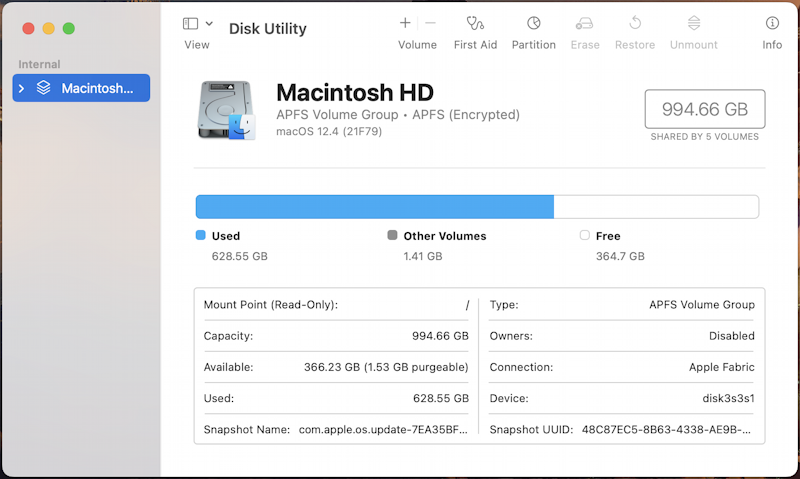 macos 12 mac - show free disk space - disk utility