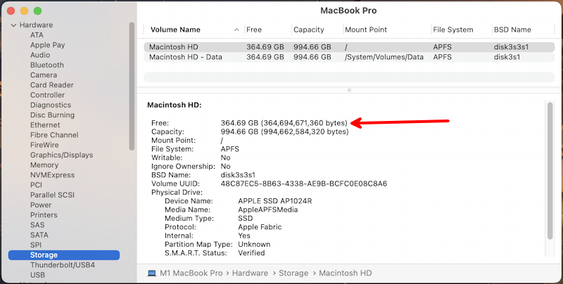 macos 12 mac - show free disk space - system profiler information