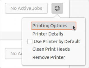ubuntu linux add rename printer - options and settings menu