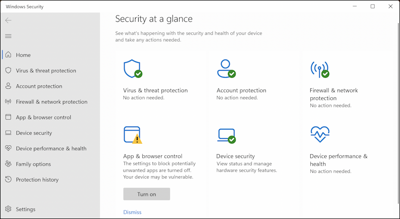 windows 11 windows security - enable app & browser control - main windows security window