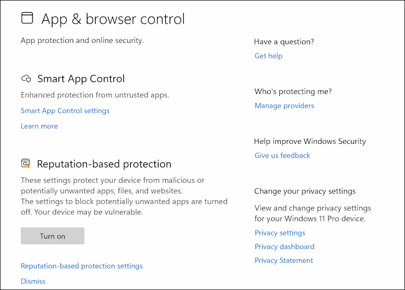 windows 11 windows security - enable app & browser control - main settings