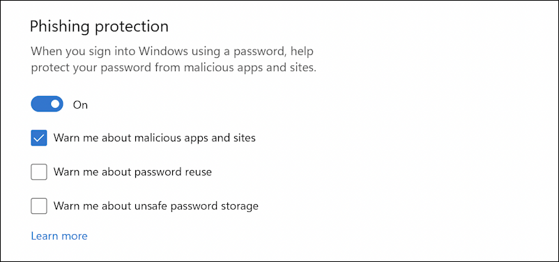 windows 11 windows security - enable app & browser control - phishing settings