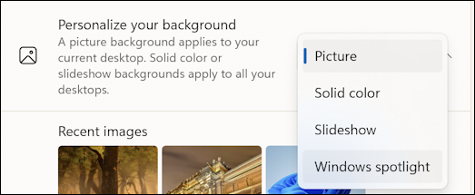 win11 pc bing wallpaper windows spotlight - set up configure - personalize background picture windows spotlight menu