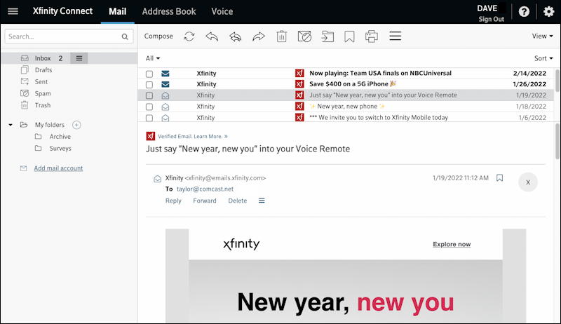 comcast xfinity web mail - vertical layout