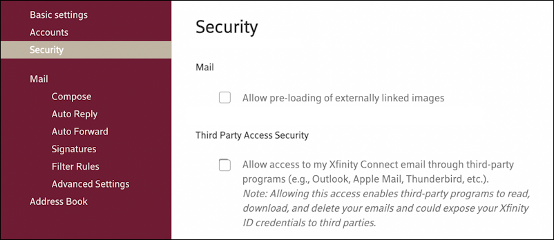 comcast xfinity web mail - security - allow external remote third-party program access