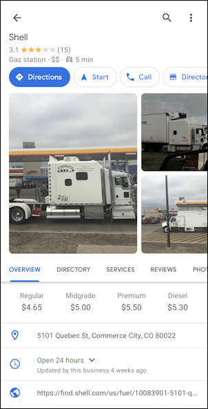 google maps android - shell station info with photos