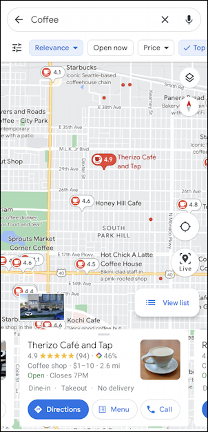 google maps android - 4.9 star rated coffee shop