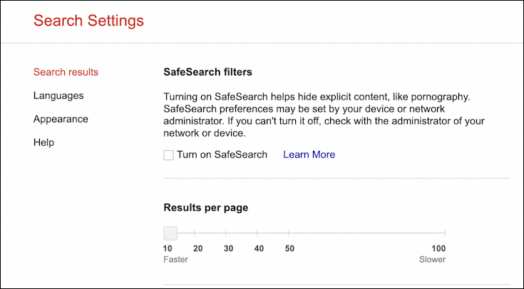 google search settings preferences advanced - settings safesearch results per page