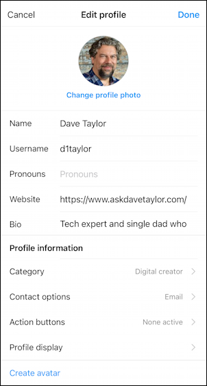 instagram for mobile - specify preferred pronouns - edit profile