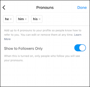 instagram for mobile - specify preferred pronouns - pronouns specified share to followers only