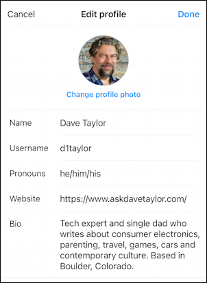 instagram for mobile - specify preferred pronouns - specified he/him/his