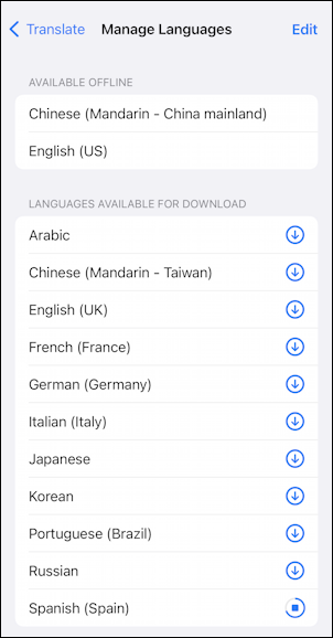 iphone ipad ios translate language - settings > translate > downloaded languages