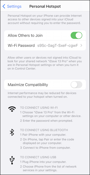 iphone icloud personal hotspot security setup - iphone settings - hotspot enabled