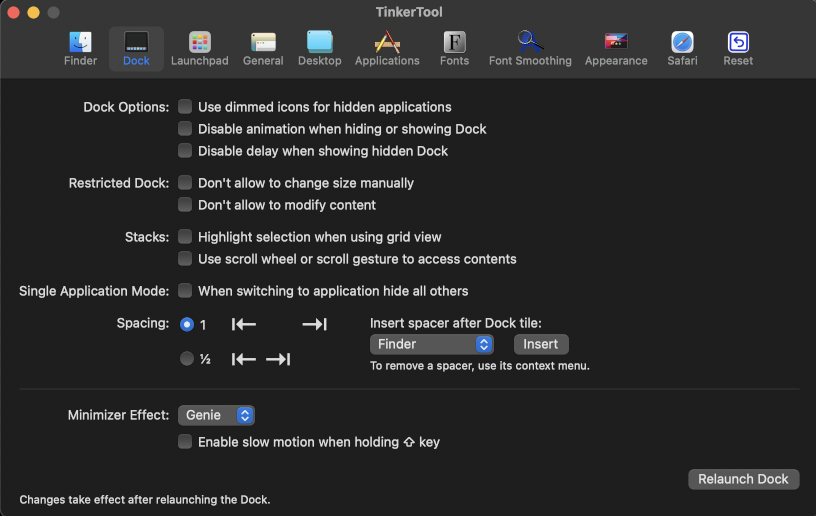 tinkertool main screen for dock settings - mac macos 12