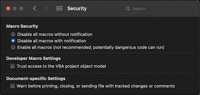word for mac - settings > security