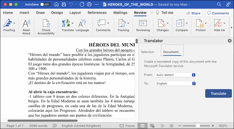 translate document microsoft word - translate window shown