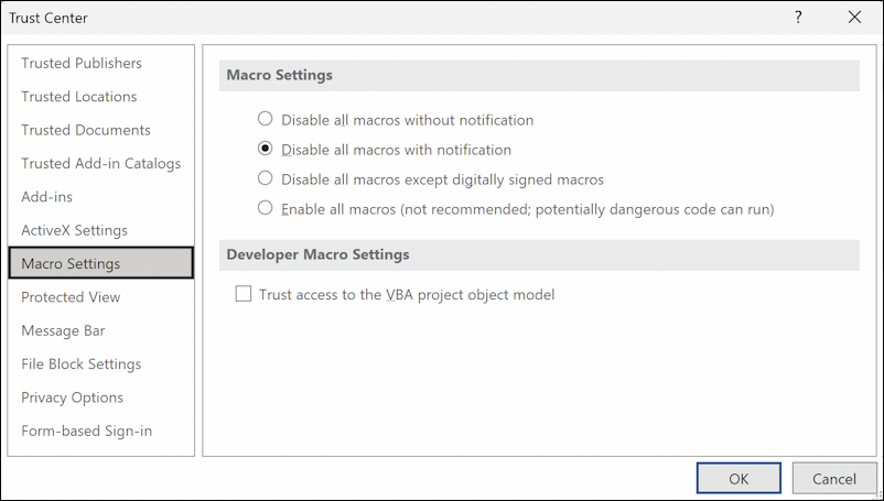 word for windows - trust center settings macros disable