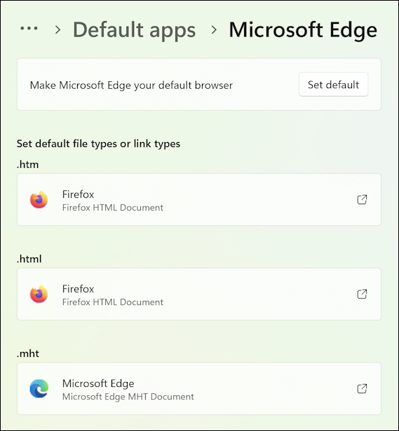 windows 11 pc change default web browser app - filetypes associated with edge firefox