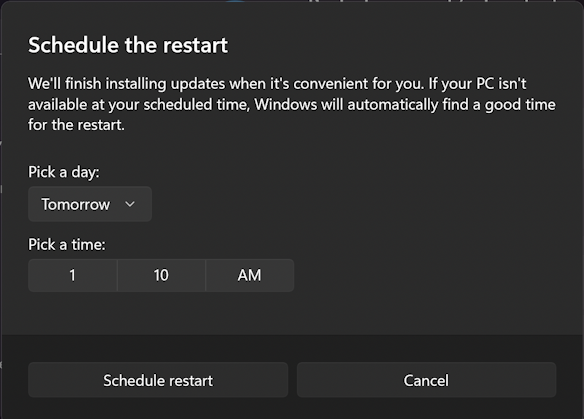 win11 schedule restart update - set restart schedule time date