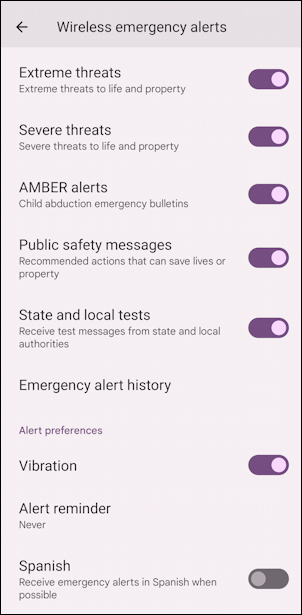 android safety emergency alerts settings - crisis alerts - enabled spanish