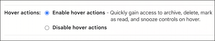google gmail hover action icons shortcuts - settings - hover actions