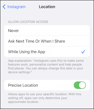 ios 15 settings instagram - location settings precise