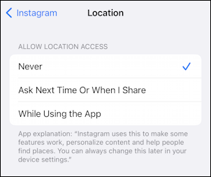 ios 15 settings instagram - location access = never