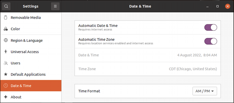 ubuntu linux time am/pm 24-hour display - correct timezone and time format