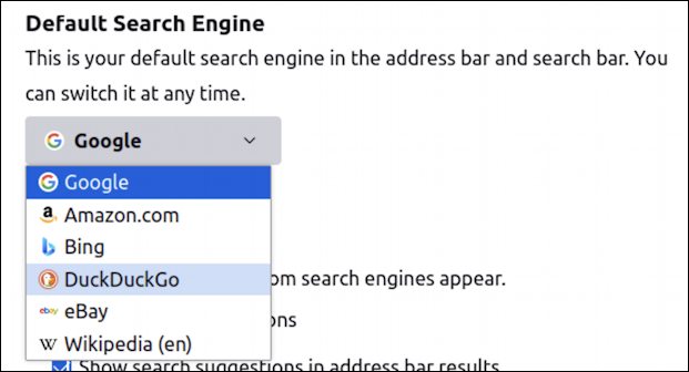 firefox linux default search engine - menu of search engine options