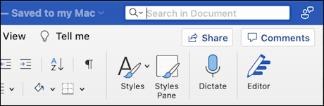 microsoft word for mac - search find and replace - search in title bar