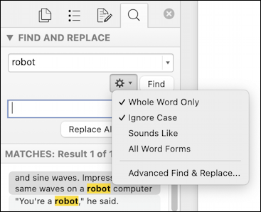 microsoft word for mac - search find and replace - advanced options menu