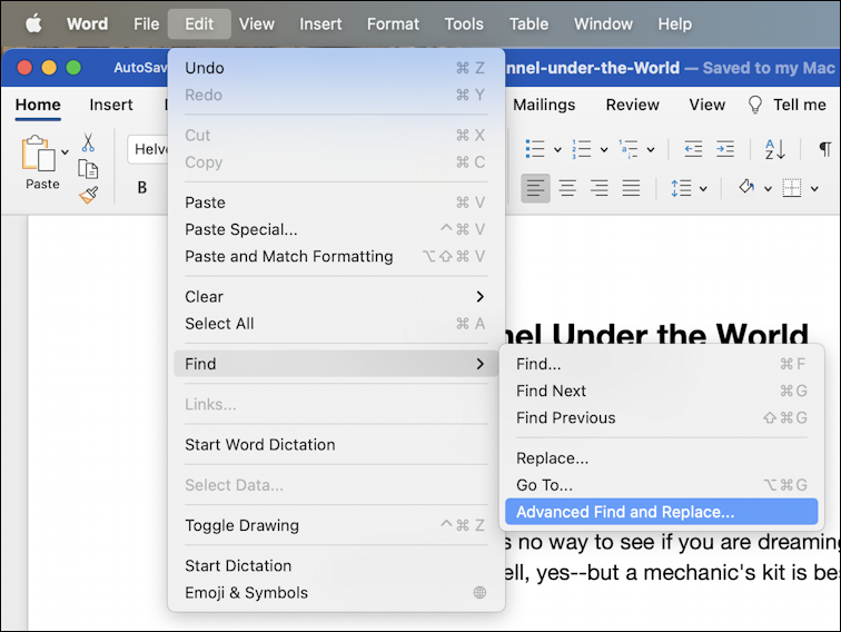 microsoft word for mac - search find and replace - menubar edit > find 