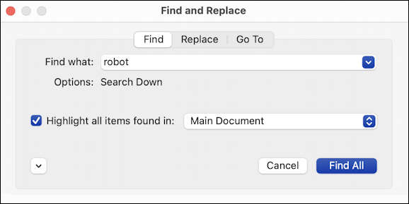 microsoft word for mac - search find and replace - mac style window