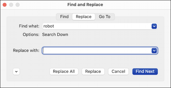 microsoft word for mac - search find and replace - find and replace mac window
