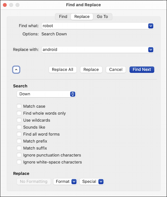 microsoft word for mac - search find and replace - advanced