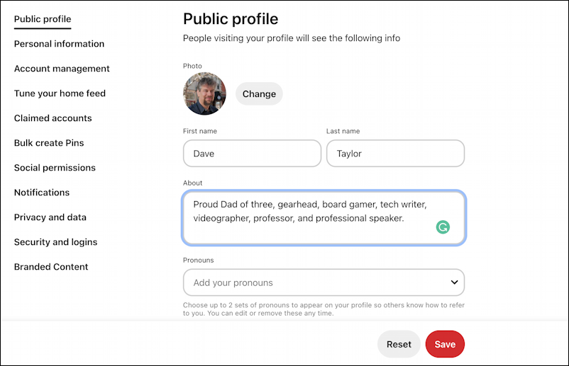 pinterest settings account bio description