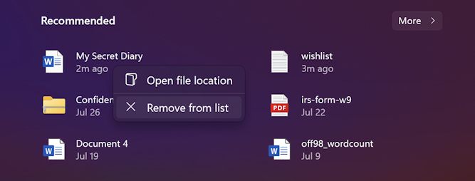 windows 11 start menu - remove recommended file document