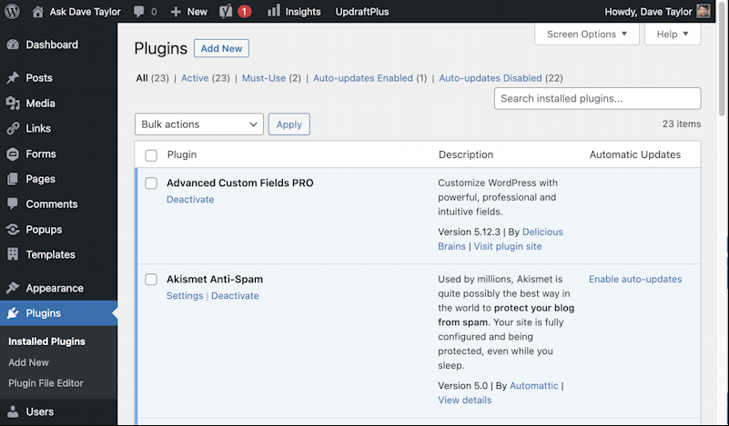 wordpress dashboard plugins - active plug-ins