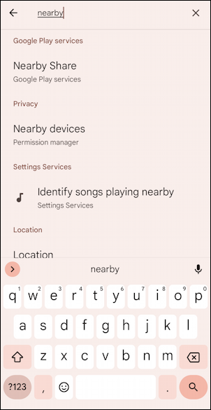 android nearby share - set up - settings search