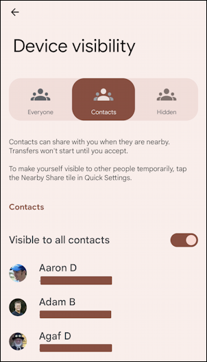 android nearby share - set up - device visibility contacts