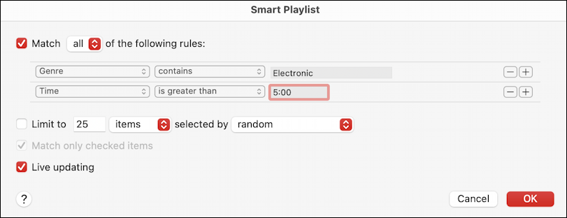 apple music itunes create smart playlist - rule criteria details genre duration