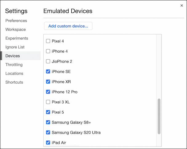 google chrome test page devices - choose devices