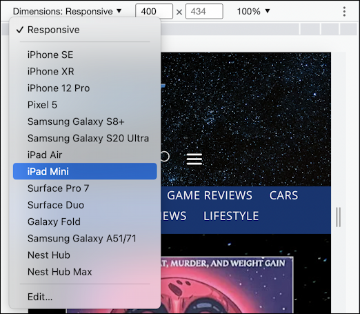 google chrome test page devices - list of devices