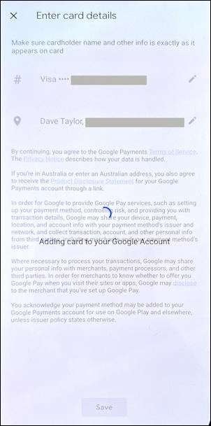 google pay add payment credit card - terms agreement