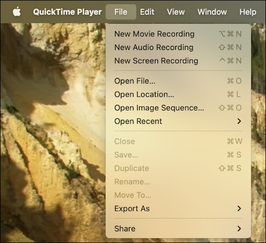 mac macos quicktime record audio video - file menu