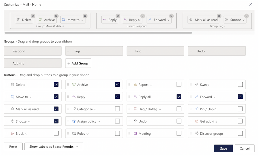 microsoft outlook office.com classic compact ribbon - customize functions