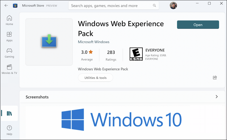 windows web experience pack info in microsoft store app